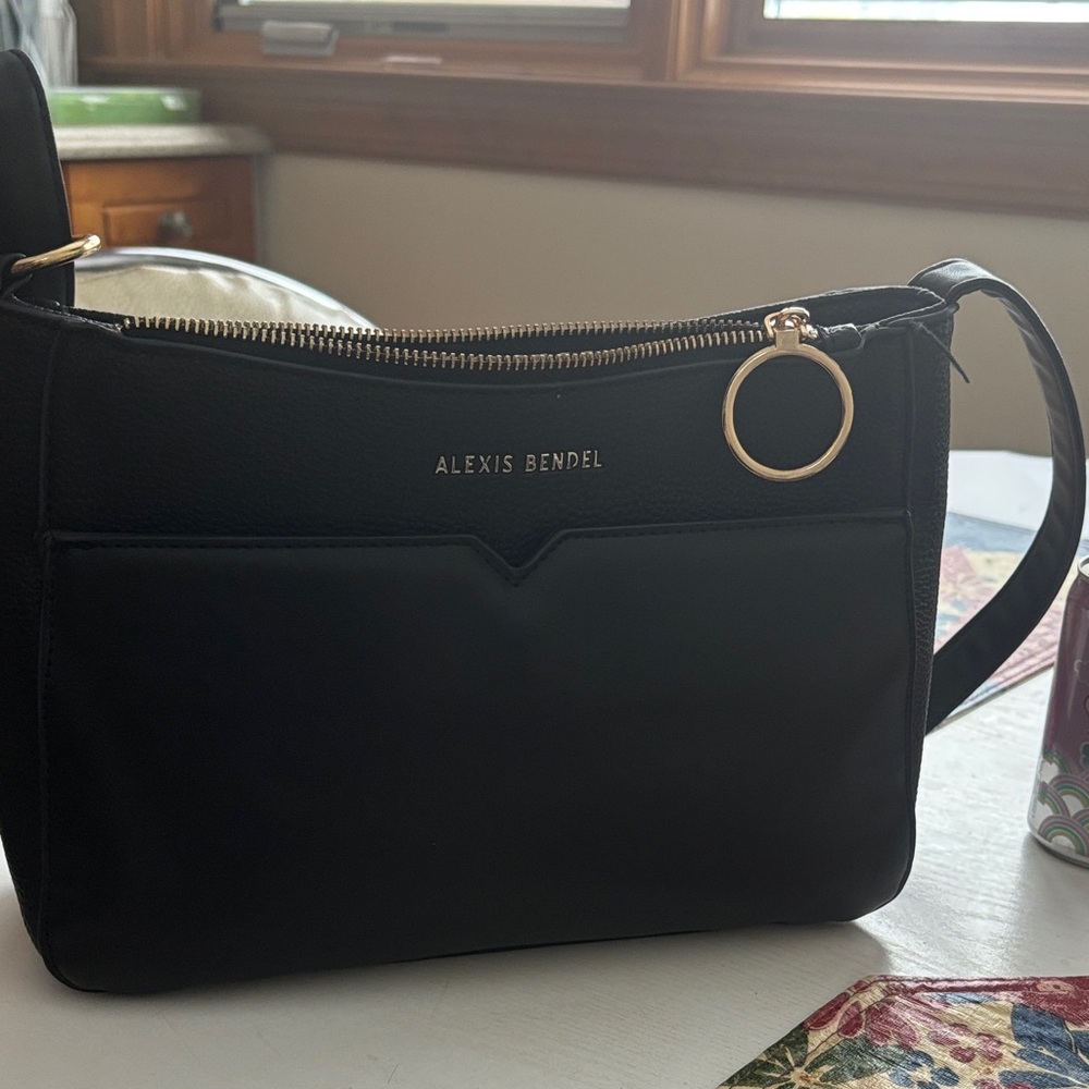 Black Shoulder Bag with Gold Ring Accent